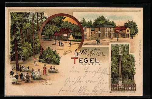 Lithographie Berlin-Tegel, Schloss-Restaurant G. Triller, Garten, Familien-Kaffeeküche