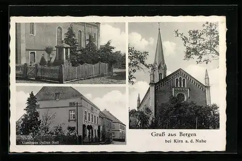 AK Bergen bei Kirn, Gasthaus Julius Noll, Kirche, Gebäudeansicht