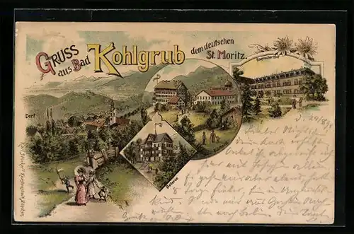 Lithographie Bad Kohlgrub, Hotel Bayrischer Hof, Kurhaus, Bellevue