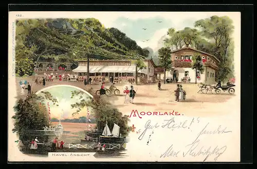 Lithographie Berlin-Wannsee, Gasthaus Moorlake mit Havel-Ansicht