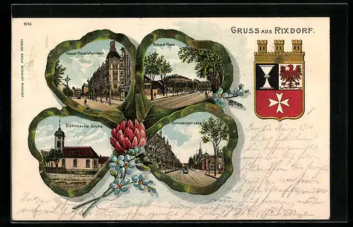 Passepartout-Lithographie Rixdorf, Kaiser Friedrichstrasse, Richard-Platz, Böhmische Kirche, Hermannstrasse