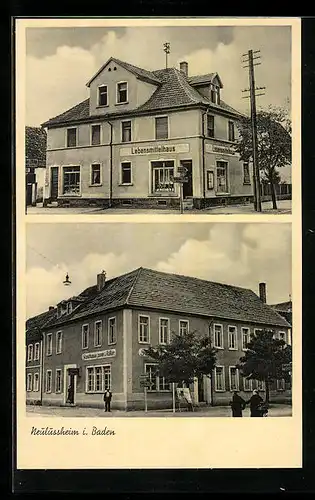 AK Neulussheim /Baden, Gasthaus zum Adler, Lebensmittelgeschäft