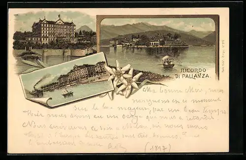 Lithographie Pallanza, Hotel am Ufer, Teilansicht vom Lago Maggiore aus