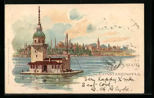 Lithographie Constantinople, Tour Leandre, Teilansicht