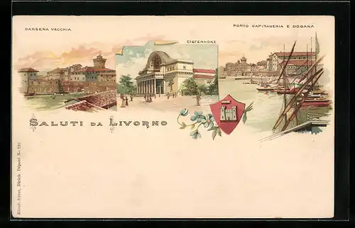 Lithographie Livorno, Darsena Vecchia, Cisternone, Porto Capitaneria e Dogana, Wappen
