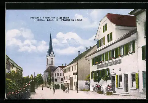 AK Pfäffikon, Strassenpartie mit Gasthaus Hirschen und Kirche