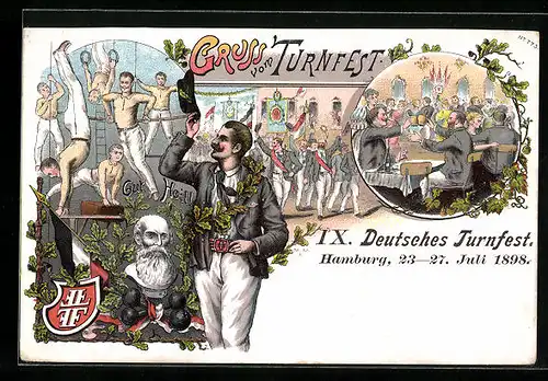 Lithographie Hamburg, Porträt von Turnvater Jahn, Gruss vom IX. Deutsches Turnfest 1898, Gut Heil