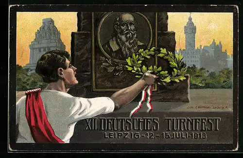 Künstler-AK Leipzig, XII. Deutsches Turnfest 1913, Turner mit Lorbeerkranz, Portrait Jahn
