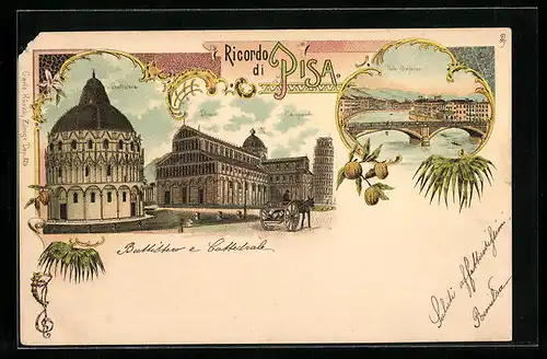 Lithographie Pisa, Ponte Solferine, Campanile, Duomo, Battistera, Schiefer Turm