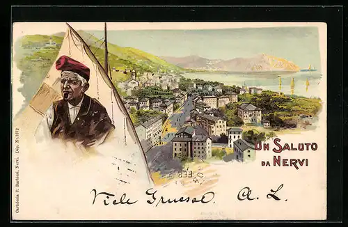 Lithographie Nervi, Ortsansicht aus der Vogelschau, Einwohner mit typischer Mütze