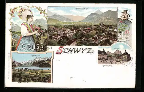 Lithographie Schwyz, Gesamtansicht, Brunnen, Mythen, Hauptplatz