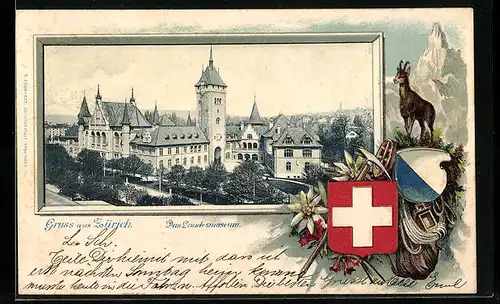 Präge-Lithographie Zürich, Teilansicht mit Landesmuseum, Wappen