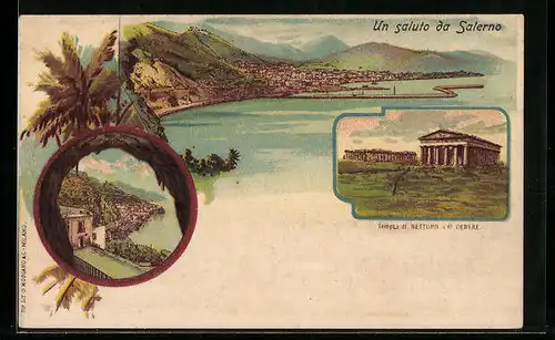 Lithographie Salerno, Gesamtansicht, Tepli di Nettuno e di Cerere