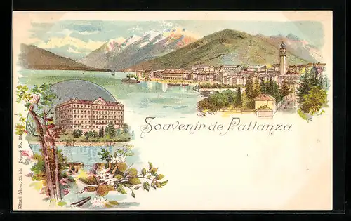 Lithographie Pallanza, Gesamtansicht des Ortes, Hotel