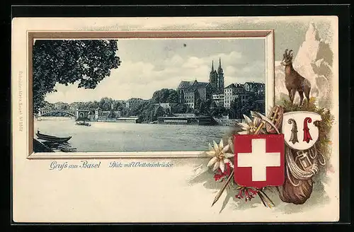 Passepartout-Lithographie Basel, Pfalz mit Wettsteinbrücke, Wappen