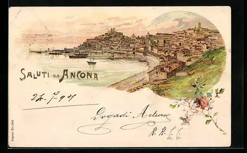 Lithographie Ancona, Totalansicht mit Uferpartie
