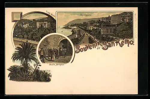 Lithographie San Remo, Villa Zirio, Passeggiata, Studio Artistico