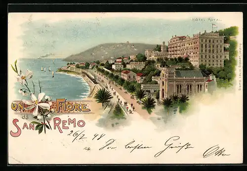 Lithographie San Remo, Hotel Royal mit Promenade