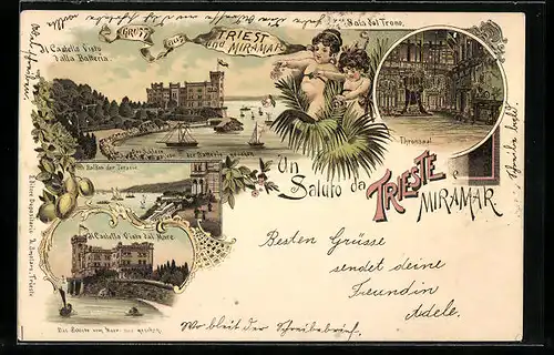 Lithographie Trieste, Miramar, Castello Visto dalla Batteria, Sala del Trono