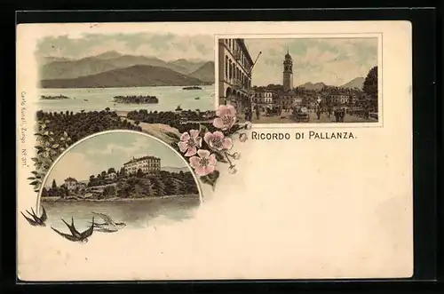 Lithographie Pallanza, Panorama, Belebter Platz