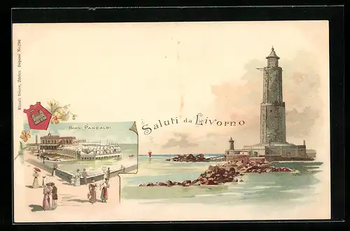 Lithographie Livorno, Bagni Pancaldi, Leuchtturm
