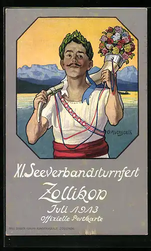 Künstler-AK Zollikon, XI. Seeverbandsturnfest 1913, Turner mit Füllhorn