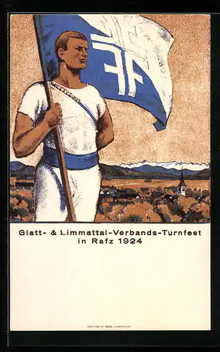 Künstler-AK Rafz, Glatt- & Limmattal-Verbands-Turnfest 1924, Turner mit Fahne