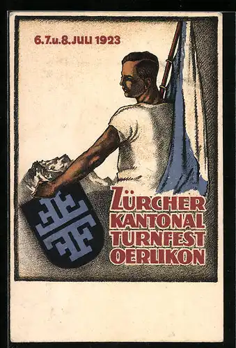 Künstler-AK Oerlikon, Kantonal-Turnfest 1923, Turner mit Fahne und Wappen