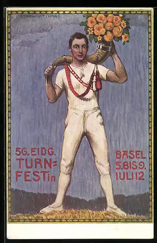 Künstler-AK Basel, 56. Eidgenössisches Turnfest 1912, Turner mit Füllhorn