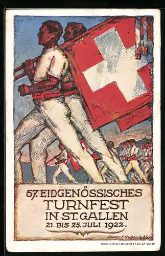 Künstler-AK St. Gallen, 57. Eidgenössisches Turnfest 1922, Fahnenträger im Festzug