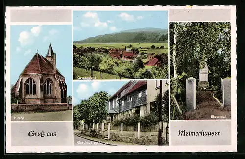 AK Meimerhausen, Ortsansicht, Kirche, Ehrenmal, Gasthaus zur Linde