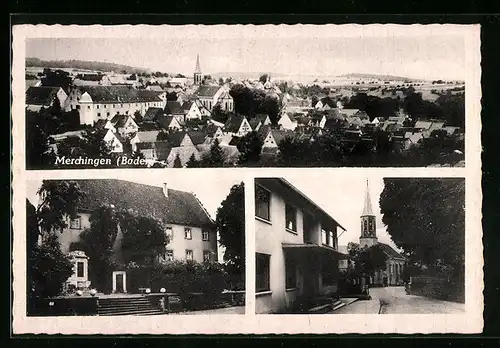 AK Merchingen /Baden, Ortsansicht, Ehrenmal, Kirche und Gemischtwaren Erich Paulisch