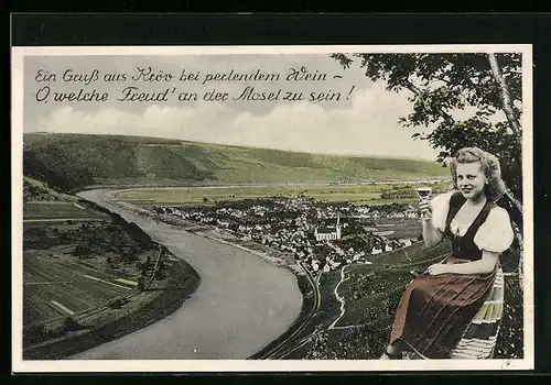 AK Kröv /Mosel, Gesamtansicht und Mädchen mit Weinglas