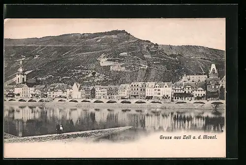 AK Zell a. d. Mosel, Blick über den Fluss zur Stadt