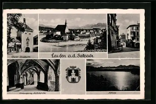 AK Laufen a. d. Salzach, Ortsansicht, Oberer Stadtturm, Abtsee, Kreuzgang in der Stiftskirche