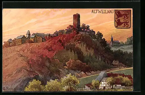 Künstler-AK Altweilnau, Ortsansicht mit Wappen