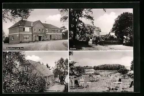 AK Warder, Gasthaus Am See, Kaffeegarten, Kirche und Jugendheim