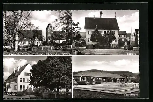 AK Deizisau (Kreis Esslingen), Rathaus, Kirche, Schwimmbad und Schulhaus