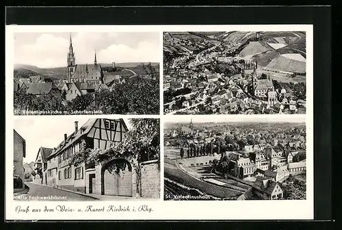 AK Kiedrich im Rheingau, Gesamtansicht, St. Valentinushaus, St. Valentinuskirche mit Scharfenstein, alte Fachwerkhäuser