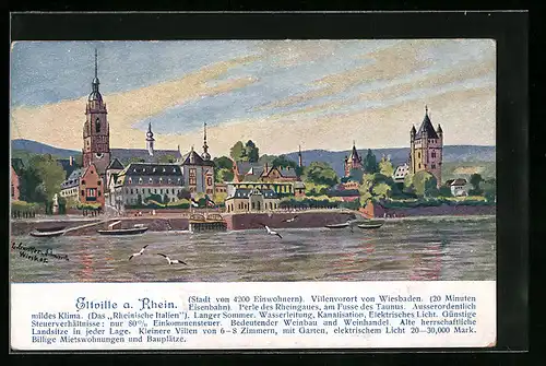 Künstler-AK Eltville am Rhein, Teilansicht über den Rhein gesehen