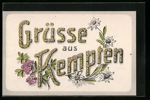 AK Kempten im Allgäu, Grusskarte mit Blumen verziert