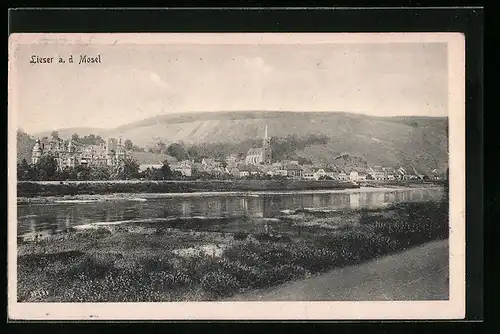 AK Lieser a. d. Mosel, Ortsansicht über die Mosel gesehen