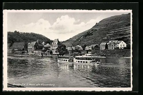 AK Gondorf a. d. Mosel, Ortsansicht mit alter Wasserburg und Dampfer