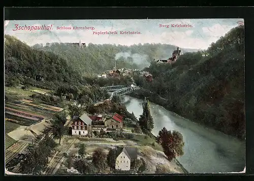AK Kriebstein /Zschopauthal, Schloss Ehrenberg, Papierfabrik und Burg Kriebstein