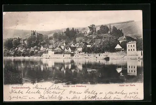 AK Neckarsteinach, Blick über den Neckar zum Ort mit Vorder- und Mittelburg sowie Hotel Zur Harfe