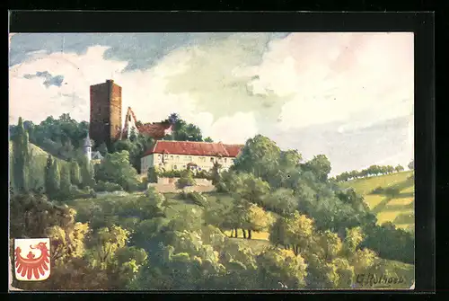 Künstler-AK Neckargemünd, Burg Ehrenberg, eine der schönsten Neckarruinen