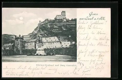 AK Caub am Rhein, Blücher-Denkmal und Burg Gutenfels