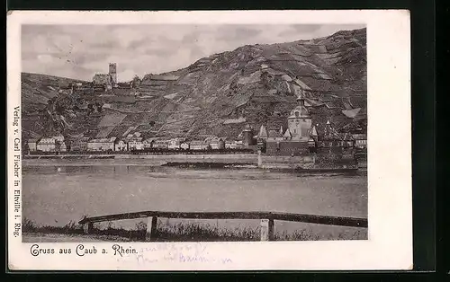 AK Caub am Rhein, Blick über den Rhein zum Ort
