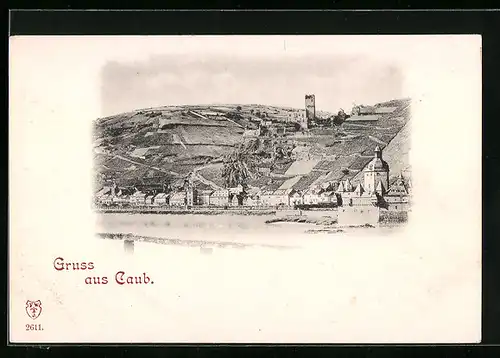 AK Caub a. Rh., Blick über den Rhein zur Ortschaft