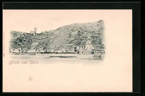 AK Caub a. Rh., Blick über den Rhein zur Ortschaft